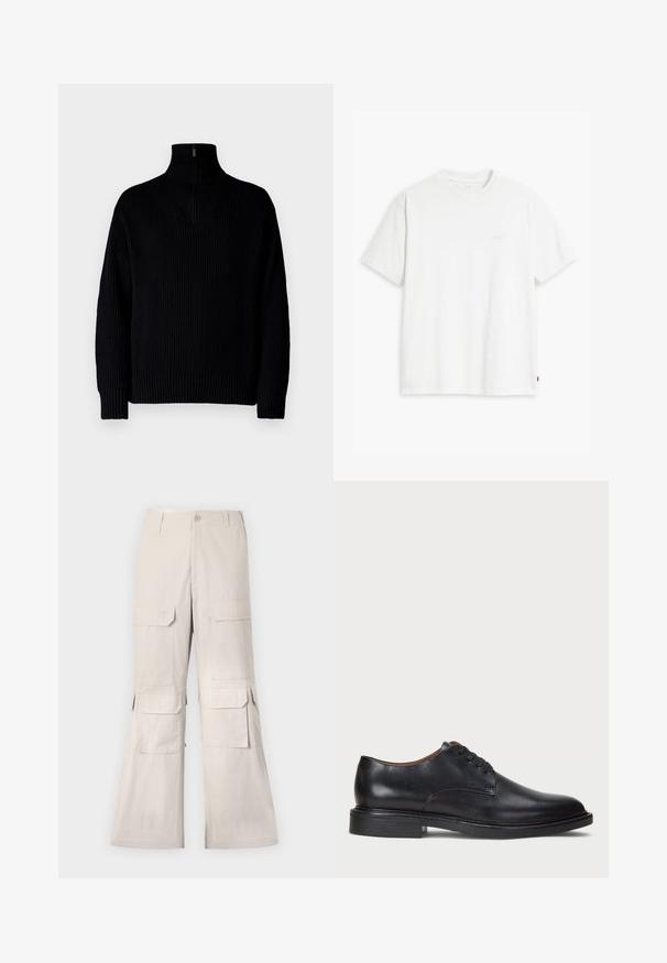 Černý žebrovaný rolák s polovičním zipem na límci, dlouhé rukávy a volný střih. Textura je měkká a hrubá.; Bílá bavlněná tričko s krátkými rukávy, klasickým výstřihem a decentním logem Levi's vytištěným uprostřed. Měkká textura a standardní střih.; Beige cargo kalhoty s uvolněným střihem, které mají na bocích několik kapsiček s klopami a zapínání na knoflík. Vyrobeno z lehké tkaniny.; Černé kožené společenské boty s kulatou špičkou, šněrováním a nízkým podpatkem. Hladký povrch s minimálním šitím.