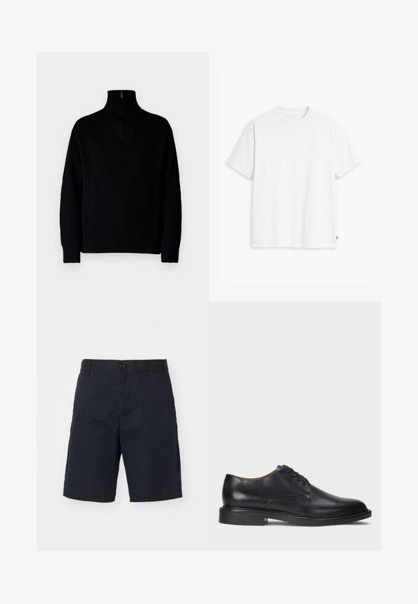 Svart ribbad polotröja med halvdragkedja i kragen, med långa ärmar och avslappnad passform. Texturen är mjuk och kraftig.; Vit bomulls-t-shirt med korta ärmar, rund halsringning och en diskret "Levi's"-logotyp tryckt i ljus färg på framsidan.; Svarta bomullsshorts med flat front, sidfickor, knappstängning och rakt ben. Inga synliga mönster eller detaljer.; Svart läderklänningsko med rund tå, snörning och låg staplad klack. Slät yta med minimala sömdetaljer.