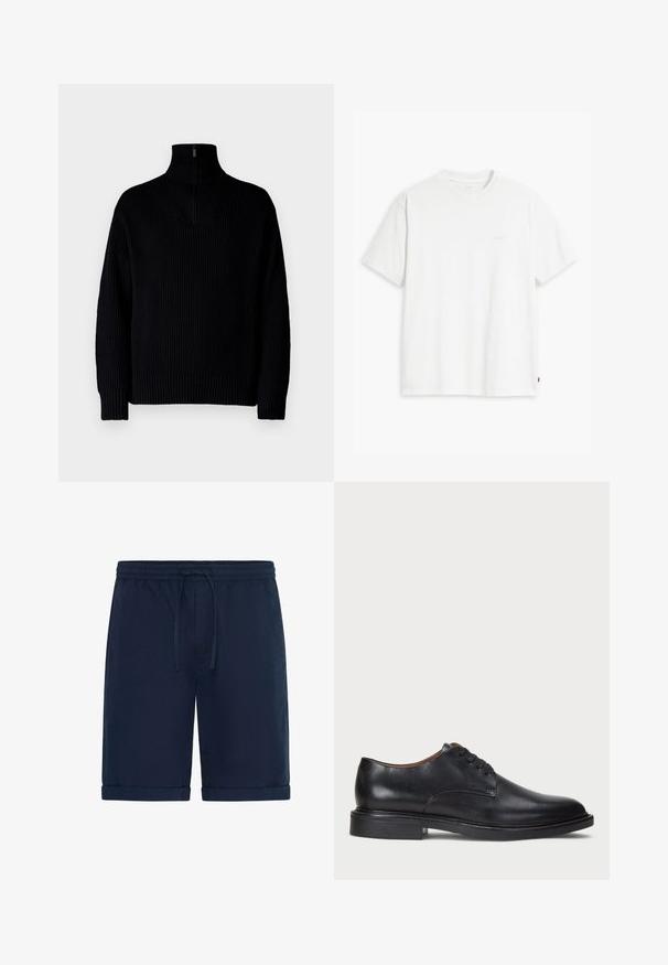 Fekete bordázott garbó pulóver fél cipzárral a gallérnál, hosszú ujjakkal és laza szabással. A textúrája puha és vastag.; Fehér pamut póló rövid ujjakkal, kerek nyakkal és diszkrét Levi's logóval a középen. Puha tapintású és szabványos szabású.; Tengerészkék rövidnadrág könnyű anyagból, elasztikus derékkal és zsinórral, valamint visszahajtott szegéllyel a laza megjelenés érdekében.; Fekete bőrből készült dresszcipő kerek orral, fűzős kialakítással és alacsony, rétegelt sarkával. Simás felület minimális varrási részletekkel.