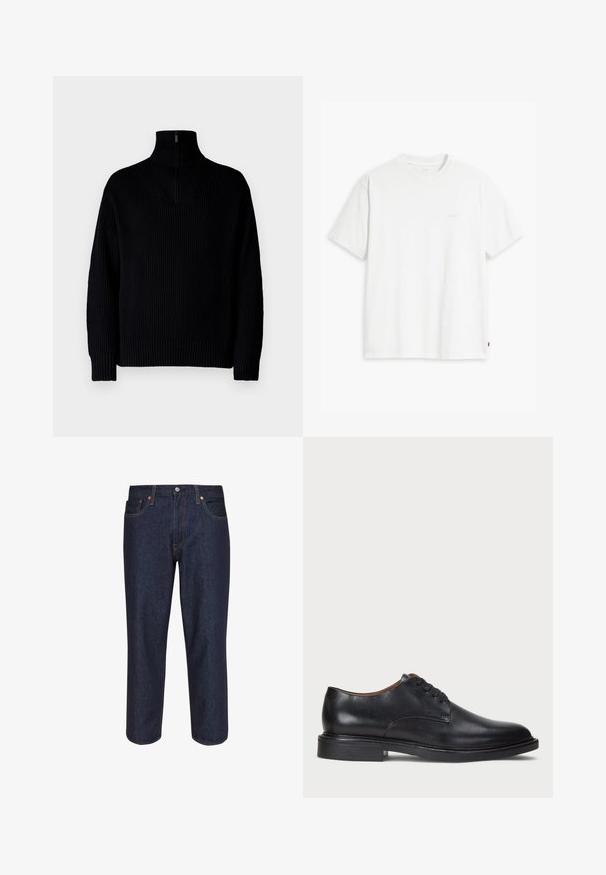 Svart ribbad polotröja med halvdragkedja i kragen, med långa ärmar och avslappnad passform. Texturen är mjuk och kraftig.; Vit bomulls-t-shirt med korta ärmar, rund halsringning och en diskret "Levi's"-logotyp tryckt i ljus färg på framsidan.; Mörkblå denimjeans med rak passform, med kontrasterande orange sömmar, fem fickor och knappstängning fram.; Svart läderklänningsko med rund tå, snörning och låg staplad klack. Slät yta med minimala sömdetaljer.