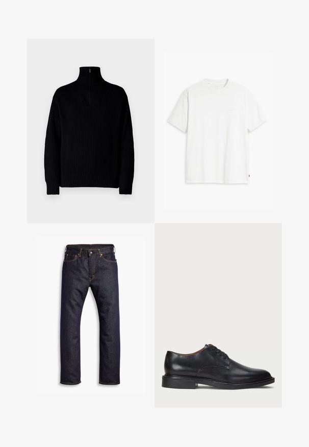 Pulôver preto de gola alta com canelado e fecho de meio zíper na gola, apresentando mangas longas e um corte descontraído. A textura é macia e espessa.; T-shirt de algodão branco com mangas curtas, decote redondo e logo discreto da Levi's impresso no centro. Tecido macio e ajuste padrão.; Jeans de denim de perna reta azul-escuro com cinco bolsos e costura em contraste laranja, dispostos planos sobre um fundo branco.; Sapato de vestido em couro preto com bico redondo, design com atacadores e um salto baixo empilhado. Textura suave com detalhes de costura mínimos.