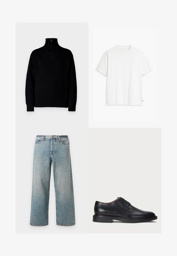 Czarny sweter z golfem o prążkowanej struktury z połową suwaka przy kołnierzu, z długimi rękawami i luźnym krojem. Tekstura jest miękka i gruba.; Biała bawełniana koszulka z krótkim rękawem, okrągłym dekoltem i dyskretnym logo Levi's nadrukowanym na środku. Miękka tekstura i standardowy krój.; Jasnoniebieskie spodnie dżinsowe z wysokim stanem i szerokimi nogawkami, zapinane na guzik i zamek błyskawiczny, pięć kieszeni oraz z wyblakłymi detalami na materiale.; Czarne skórzane buty wizytowe z okrągłym noskiem, sznurowanym zapięciem i niskim, warstwowym obcasem. Gładka faktura z minimalnymi detalami stębnowania.