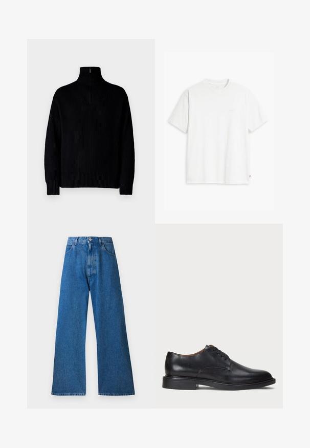 Crni rebrasti pulover s visokim vratom i polu-zatvaračem na ovratniku, ima duge rukave i opušteni kroj. Tekstura je mekana i gusta.; Bijela pamučna majica kratkih rukava, s okruglim izrezom i suptilno otisnutim Levi's logotipom u sredini. Mekana tekstura i standardni kroj.; Plave traperice širokih nogavica visokog struka, s pet džepova, metalnim kopčanjem i suptilnim izgužvanjem sprijeda. Glatka tekstura.; Crne kožne cipele s okruglim vrhom, vezanjem i niskim stogom. Glatka tekstura s minimalnim šavovima.