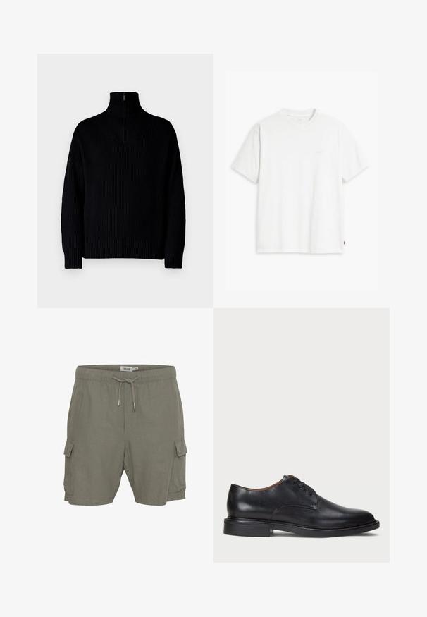 Melnā, ribiņota turtleneck džemperis ar pusi rāvējslēdzēju apkaklē, garām piedurknēm un brīvu piegriezumu. Audums ir mīksts un masīvs.; Balta kokvilnas T-krekls ar īsām piedurknēm, apaļu kakla izgriezumu un maigi redzamu Levi's logotipu centrā. Mīksta tekstūra un standarta piegriezums.; Kargo šorti olīvu zaļā audumā, ar saistāmu jostasvietu, sānu kabatām un vieglu, teksturētu materiālu.; Melnas ādas kleitu kurpes ar apaļu purngalu, auklu dizainu un zemu sakrautu papēdi. Gluda virsma ar minimālām šuvju detaļām.