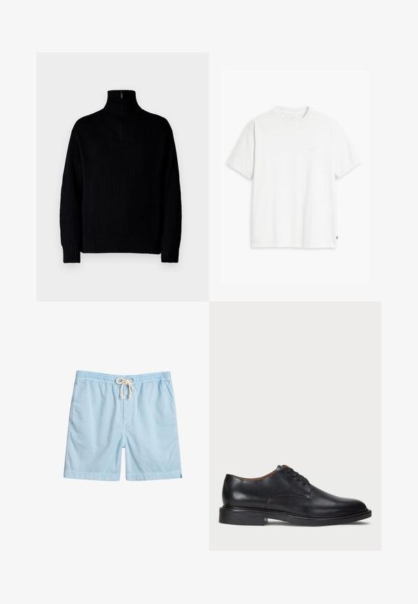 Pulôver preto de gola alta com canelado e fecho de meio zíper na gola, apresentando mangas longas e um corte descontraído. A textura é macia e espessa.; T-shirt branca em algodão com mangas curtas, decote redondo e um discreto logótipo "Levi's" impresso em cor clara na frente.; Calções de banho azul claro feitos de um tecido suave, com um cós elástico, bolsos frontais e um cordão para ajuste.; Sapato de vestido em couro preto com bico redondo, design com atacadores e um salto baixo empilhado. Textura suave com detalhes de costura mínimos.