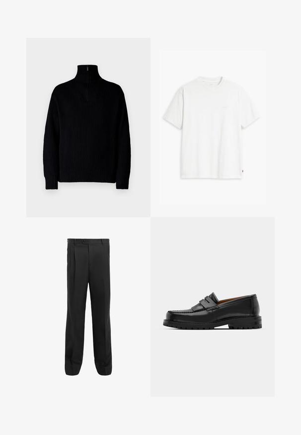 Musta ribbed turtleneck-neulepaita, jossa on puolivetoketju kauluksessa, pitkät hihat ja rento istuvuus. Tekstuuri on pehmeä ja paksu.; Valkoinen puuvillapaita, jossa on lyhyet hihat, pyöreä pääntie ja hienovarainen Levi's-logo painettuna keskelle. Pehmeä kangas ja normaali istuvuus.; Mustat housut suoran lahkeen muotoilulla, joissa on poimut, yksi nappisulku ja vyölenkit. Valmistettu sileästä kankaasta.; Mustat nahka loafit sisältävät kohoavan sauman, kaksi koristeellista nauhaa yläosassa ja paksun teksturoidun pohjan parempaa pitoa varten.