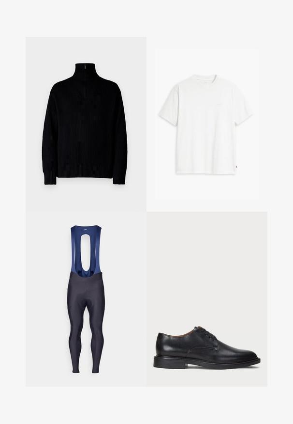 Maglione a collo alto nero a coste con mezza zip al collo, caratterizzato da maniche lunghe e una vestibilità comoda. La texture è morbida e spessa.; T-shirt bianca in cotone con maniche corte, colletto tondo e logo Levi's discreto stampato al centro. Texture morbida e vestibilità standard.; Rapha MENS CORE WINTER WITH PAD - Leggings - dark navy/navy; Scarpa da uomo in pelle nera con punta rotonda, design con lacci e tacco basso impilato. Texture liscia con dettagli di cucitura minimi.