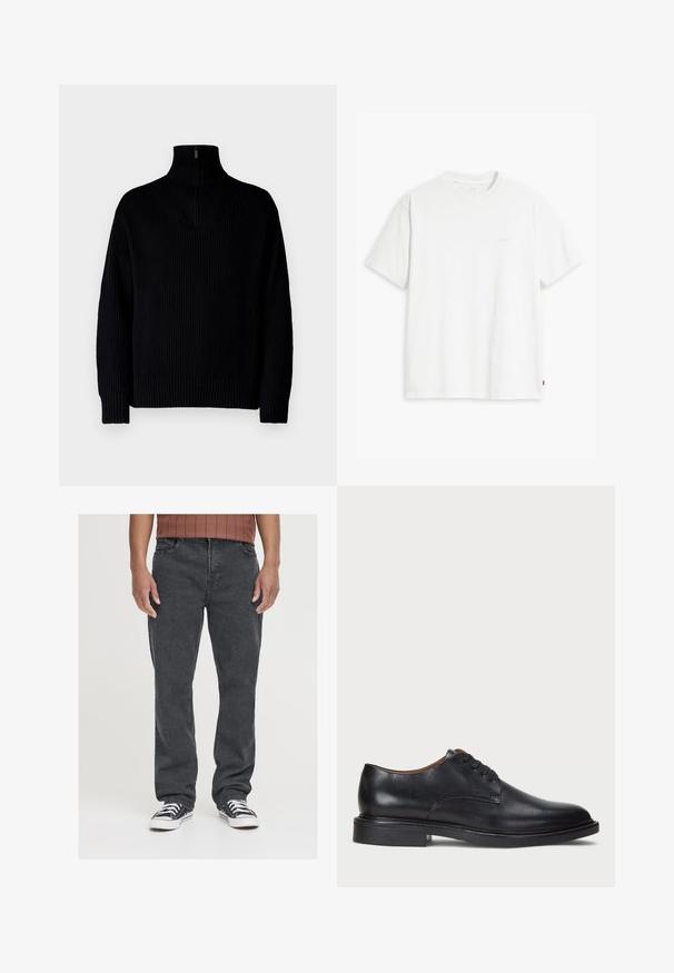 Melnā, ribiņota turtleneck džemperis ar pusi rāvējslēdzēju apkaklē, garām piedurknēm un brīvu piegriezumu. Audums ir mīksts un masīvs.; Balta kokvilnas T-krekls ar īsām piedurknēm, apaļu kakla izgriezumu un maigi redzamu Levi's logotipu centrā. Mīksta tekstūra un standarta piegriezums.; Melni denim džinsi ar taisnu piegriezuma kāju, ar priekšējām kabatām, ar rāvējslēdzēju un smalku tekstūru. Valkāti ar melnbaltiem sporta apaviem.; Melnas ādas kleitu kurpes ar apaļu purngalu, auklu dizainu un zemu sakrautu papēdi. Gluda virsma ar minimālām šuvju detaļām.