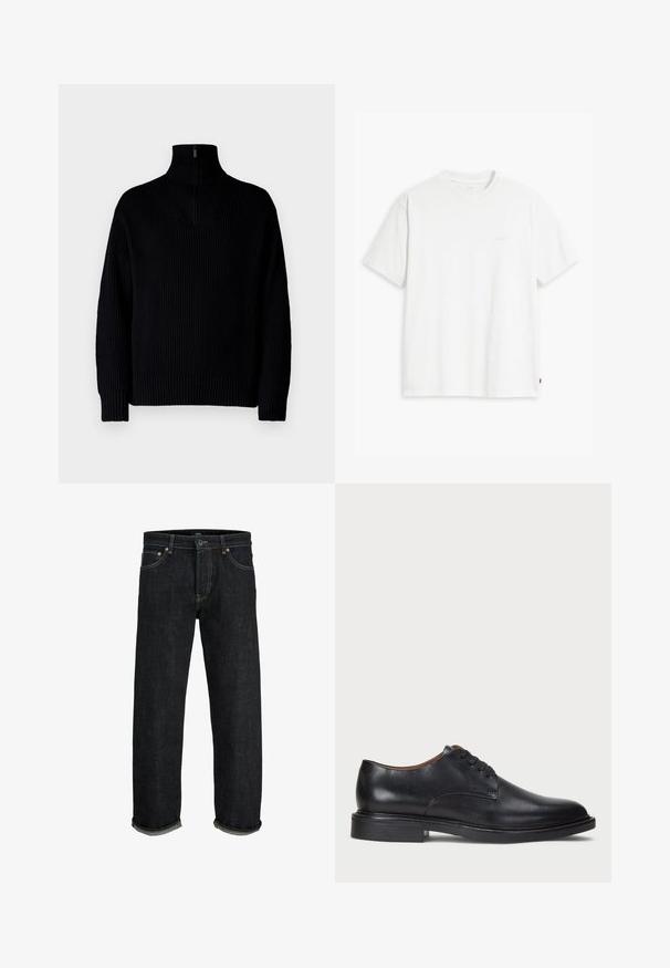 Pulover negru cu guler înalt, cu textură canelată și fermoar pe jumătate la guler, având mâneci lungi și o croială lejeră. Textura este moale și groasă.; Tricou alb din bumbac cu mâneci scurte, guler rotund și logo-ul subtil Levi's imprimat în centrul său. Textură moale și croială standard.; Blugi din denim de un albastru închis, cu o croială dreaptă, dotati cu închidere cu nasture și fermoar, mansete răsucite și detalii de cusătură în contrast.; Pantofle din piele neagră cu vârful rotund, design cu șireturi și toc jos stratificat. Textură netedă cu detalii de cusătură minime.