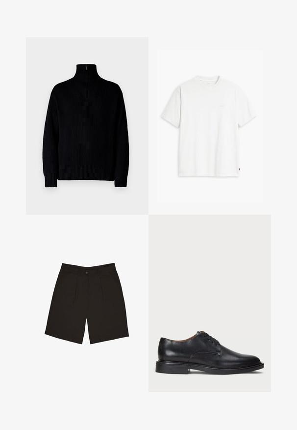 Sort ribbet turtleneck sweater med en halvmåne lynlås ved kraven, der har lange ærmer og en afslappet pasform. Teksturen er blød og chunky.; Hvid t-shirt i bomuld med korte ærmer, rund halsudskæring og en diskret "Levi's"-logo trykt i lyse farver på forsiden.; Sorte shorts lavet af et glat stof, med en enkelt frontknap, plisseringer og sidelommer, designet til en afslappet pasform.; Sorte læder dress sko med rund tå, snørelukning og en lav stablet hæl. Glat tekstur med minimale syningsdetaljer.