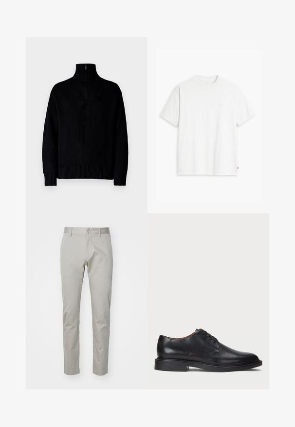 Crni rebrasti pulover s visokim vratom i polu-zatvaračem na ovratniku, ima duge rukave i opušteni kroj. Tekstura je mekana i gusta.; Bijela pamučna majica kratkih rukava, s okruglim izrezom i suptilno otisnutim Levi's logotipom u sredini. Mekana tekstura i standardni kroj.; Svijetlosive pamučne hlače s ravnim krojem, ravnim prednjim dijelom i bez vidljivih džepova ili ukrasa. Glatka tekstura, običan završetak.; Crne kožne cipele s okruglim vrhom, vezanjem i niskim stogom. Glatka tekstura s minimalnim šavovima.