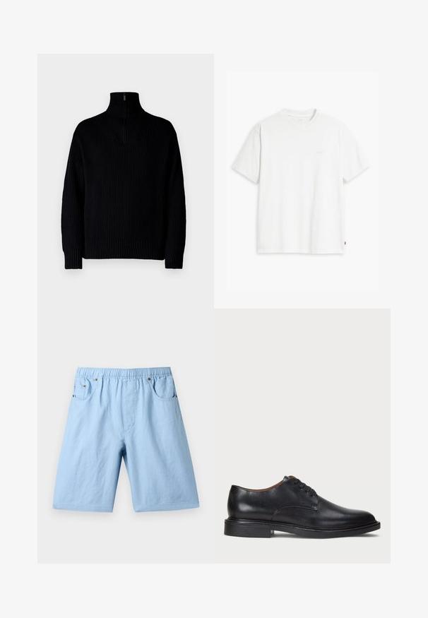 Črna rebrasta pulover z visoko ovratnikom in zadrgo do polovice ovratnika, dolgimi rokavi in sproščenim krojem. Tekstura je mehka in debela.; Bela bombažna majica s kratkimi rokavi, okroglim ovratnikom in subtilnim logotipom Levi's, natisnjenim na sredini. Mehak material in standardna oblika.; Svetlo modri šorts z elastičnim pasom, dvema sprednjima žepoma in gladko teksturo. Narejeni so iz mehkega blaga, primerni za sproščeno nošenje.; Črne usnjene oblečne čevlje s krožno konico, zavezovanje z vezalkami in nizko plastiko. Gladka tekstura z minimalnimi šivi.
