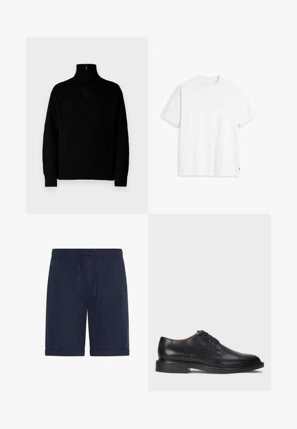 Crni rebrasti pulover s visokim vratom i polu-zatvaračem na ovratniku, ima duge rukave i opušteni kroj. Tekstura je mekana i gusta.; Bijela pamučna majica kratkih rukava, s okruglim izrezom i suptilnim "Levi's" logotipom u svijetloj boji na prednjoj strani.; Mornarsko plave kratke hlače od laganog materijala, s elastičnim pojasom i vezicom, te presavijenim rubovima. Glatka tekstura, ležerni dizajn.; Crne kožne cipele s okruglim vrhom, vezanjem i niskim stogom. Glatka tekstura s minimalnim šavovima.
