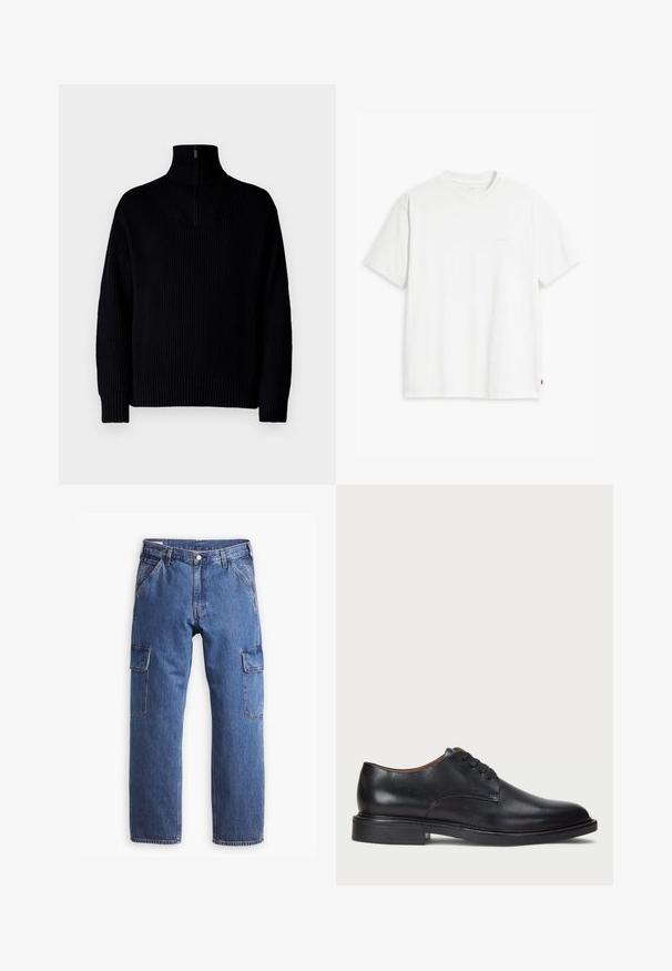 Black ribbed turtleneck sweater with a half-zip at the collar, featuring long sleeves and a relaxed fit. The texture is soft and chunky.; White cotton t-shirt with short sleeves, round neckline, and a subtle "Levi's" logo printed in light color on the front.; Blue denim cargo pants with a straight-leg design, two side pockets, and visible stitching details. Overall, casual and functional style.; Black leather dress shoe with a round toe, lace-up design, and a low stacked heel. Smooth texture with minimal stitching details.
