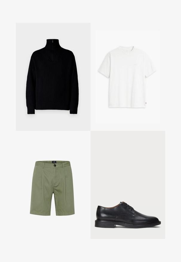 Černý žebrovaný rolák s polovičním zipem na límci, dlouhé rukávy a volný střih. Textura je měkká a hrubá.; Bílá bavlněná tričko s krátkými rukávy, klasickým výstřihem a decentním logem Levi's vytištěným uprostřed. Měkká textura a standardní střih.; Olivově zelené šortky s upraveným střihem, vybavené knoflíkovým zapínáním, předními kapsami a jemnými vertikálními pruhy z měkké texturované látky.; Černé kožené společenské boty s kulatou špičkou, šněrováním a nízkým podpatkem. Hladký povrch s minimálním šitím.
