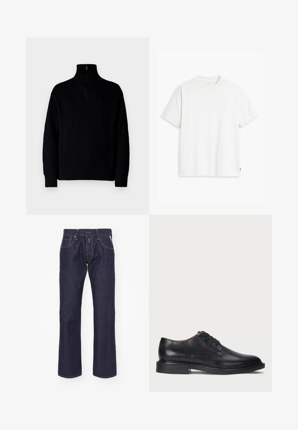 Pulover negru cu guler înalt, cu textură canelată și fermoar pe jumătate la guler, având mâneci lungi și o croială lejeră. Textura este moale și groasă.; Tricou alb din bumbac cu mâneci scurte, guler rotund și logo-ul subtil Levi's imprimat în centrul său. Textură moale și croială standard.; Jeans din denim de culoare bleu închis, cu un design cu picior drept. Caracteristicile includ un închizător cu buton, cinci buzunare și cusături în contrast.; Pantofle din piele neagră cu vârful rotund, design cu șireturi și toc jos stratificat. Textură netedă cu detalii de cusătură minime.