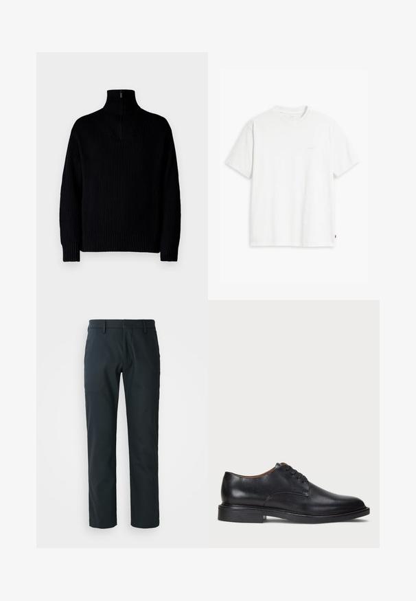 Zwarte geribbelde coltrui met een halve rits bij de kraag, voorzien van lange mouwen en een comfortabele pasvorm. De structuur is zacht en chunky.; Witte katoenen T-shirt met korte mouwen, ronde hals en subtiele Levi's logo gedrukt in het midden. Zachte textuur en standaard pasvorm.; Zwarte, rechte broek gemaakt van een gladde stof; heeft ceintuurlussen en een vlakke voorkant. Inclusief zijzakken.; Zwart leren dresschoen met een ronde neus, vetersluiting en een lage gestapelde hak. Gladde textuur met minimale stiksels.