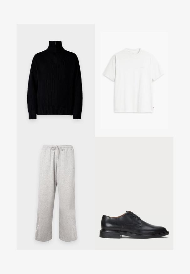 Melnā, ribiņota turtleneck džemperis ar pusi rāvējslēdzēju apkaklē, garām piedurknēm un brīvu piegriezumu. Audums ir mīksts un masīvs.; Balta kokvilnas T-krekls ar īsām piedurknēm, apaļu kakla izgriezumu un maigi redzamu Levi's logotipu centrā. Mīksta tekstūra un standarta piegriezums.; Pelēki sporta bikses, kas izgatavotas no mīksta auduma, ar elastīgu vidukli un auklu, kā arī sānu šuvju akcentiem kontrastējošā krāsā.; Melnas ādas kleitu kurpes ar apaļu purngalu, auklu dizainu un zemu sakrautu papēdi. Gluda virsma ar minimālām šuvju detaļām.