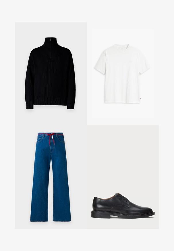 Musta ribbed turtleneck-neulepaita, jossa on puolivetoketju kauluksessa, pitkät hihat ja rento istuvuus. Tekstuuri on pehmeä ja paksu.; Valkoinen puuvillainen t-paita, jossa on lyhyet hihat, pyöreä pääntie ja etupuolella vaalealla värillä painettu hillitty "Levi's"-logo.; Isot leveät siniset farkut punaisella nauhalla vyötäröllä, joissa on klassinen viiden taskun malli ja rispaantuneet helmat.; Musta nahkakenkä, jossa on pyöreä varvas, nauhakiinnitys ja matala tukipohja. Tasainen pinta, jossa on minimaalinen ommeltu yksityiskohta.