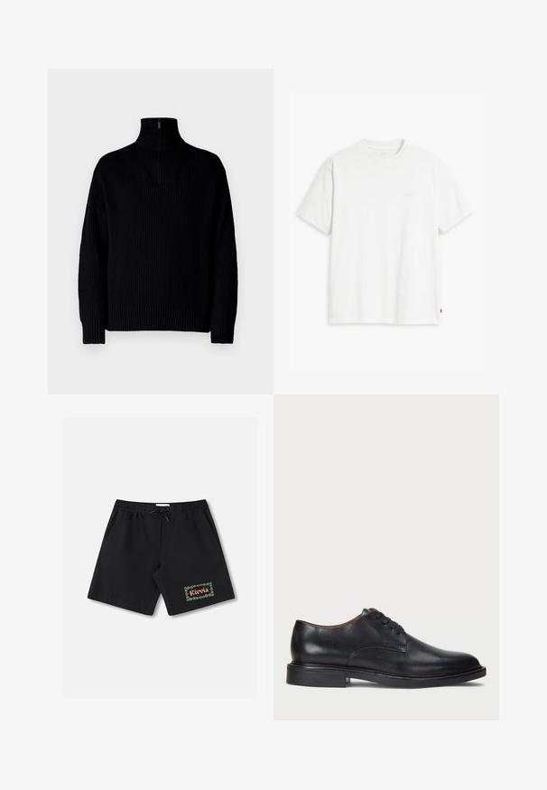 Must mustriba kaelusega must särk, millel on pooltõmblemine kaeluses, pikkade varrukatega ja lõdva istuvusega. Tekstuur on pehme ja jäme.; Valge puuvillane t-särk lühikeste varrukatega, ümmargune kaelus ja peene Levi'si logo trükituna keskel. Pehme tekstuur ja standardne istuvus.; Mustad ujumispüksid elastse vöökohaga ja paelaga. Vasakul säärel roheline lilleline ääris ja tekst "Rivolia".; Must musta kleitjalats ümarate varvastega, paeltega disain ja madal virnastatud konts. Sile tekstuur minimaalsete õmblustega.