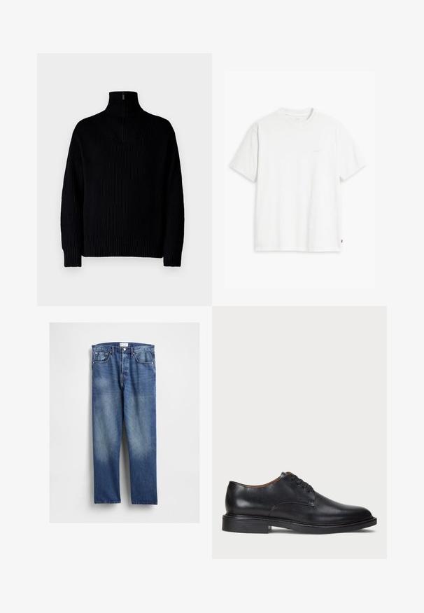 Black ribbed turtleneck sweater with a half-zip at the collar, featuring long sleeves and a relaxed fit. The texture is soft and chunky.; White cotton t-shirt with short sleeves, round neckline, and a subtle "Levi's" logo printed in light color on the front.; Blue denim jeans with a straight leg design, featuring fading on the front, classic five-pocket styling, and metal rivets at the pockets.; Black leather dress shoe with a round toe, lace-up design, and a low stacked heel. Smooth texture with minimal stitching details.