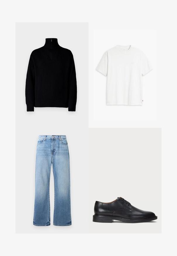 Must mustriba kaelusega must särk, millel on pooltõmblemine kaeluses, pikkade varrukatega ja lõdva istuvusega. Tekstuur on pehme ja jäme.; Valge puuvillane t-särk lühikeste varrukatega, ümmargune kaelus ja peene Levi'si logo trükituna keskel. Pehme tekstuur ja standardne istuvus.; Heled sinine teksapüksid, sirge jala disainiga, pleekinud viimistlusega, viie-tasku stiil ja kontrastsete õmblustega. Kulunud serva detailid.; Must musta kleitjalats ümarate varvastega, paeltega disain ja madal virnastatud konts. Sile tekstuur minimaalsete õmblustega.