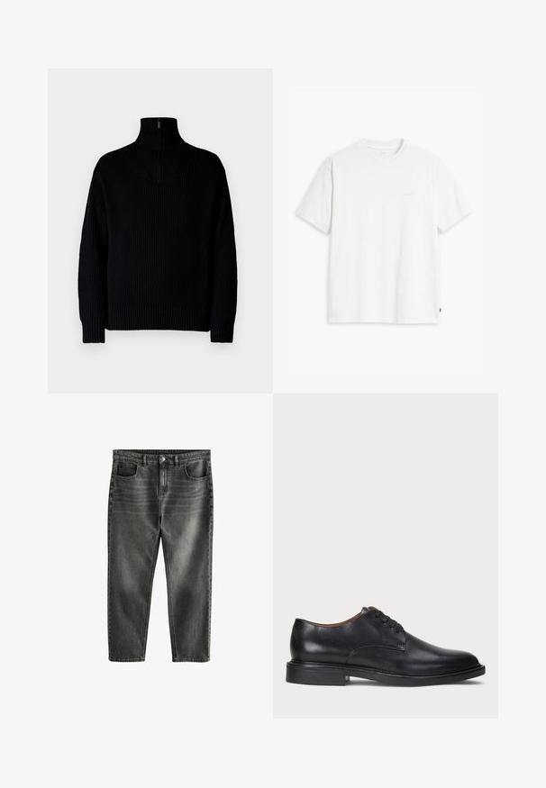 Sort ribbet turtleneck sweater med en halvmåne lynlås ved kraven, der har lange ærmer og en afslappet pasform. Teksturen er blød og chunky.; Hvid t-shirt i bomuld med korte ærmer, rund halsudskæring og en diskret "Levi's"-logo trykt i lyse farver på forsiden.; Mørkegrå denimjeans med en afslappet pasform, fem lommer, subtil falming og kontraststing. Metalknap og lynlåslukning.; Sorte læder dress sko med rund tå, snørelukning og en lav stablet hæl. Glat tekstur med minimale syningsdetaljer.
