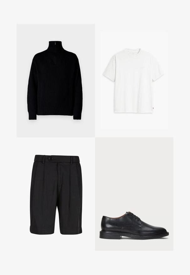 Juodas surištas golfas su pusiau užtraukiamu uždaru apykakle, ilgomis rankovėmis ir laisvu siluetu. Audinys yra minkštas ir storas.; Balta medvilninė marškinė su trumpomis rankovėmis, apvaliu kaklu ir subtiliu Levi's logotipu viduryje. Minkšta tekstūra ir standartinė išvaizda.; Juodi šortai, pagaminti iš lygaus audinio, su klostėmis, mygtuko užsegimu ir apsiūta apatine dalimi, suteikiančia struktūrišką išvaizdą.; Juodas odinis suknių batelis su apvalia nosimi, raišteliais ir žemu, sukrautu kulnu. Lygus paviršius su minimaliais siuvinėjimo detalėmis.