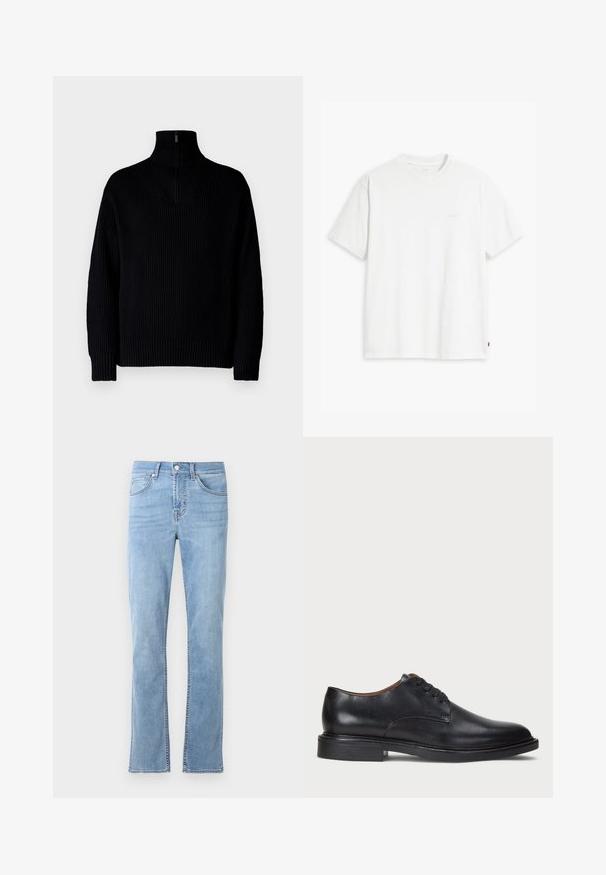 Černý žebrovaný rolák s polovičním zipem na límci, dlouhé rukávy a volný střih. Textura je měkká a hrubá.; Bílá bavlněná tričko s krátkými rukávy, klasickým výstřihem a decentním logem Levi's vytištěným uprostřed. Měkká textura a standardní střih.; Svetle modré džíny rovného střihu vyrobené z bavlněného džínového materiálu. Mají pět kapes, přední zapínání na knoflík a jemné švy.; Černé kožené společenské boty s kulatou špičkou, šněrováním a nízkým podpatkem. Hladký povrch s minimálním šitím.