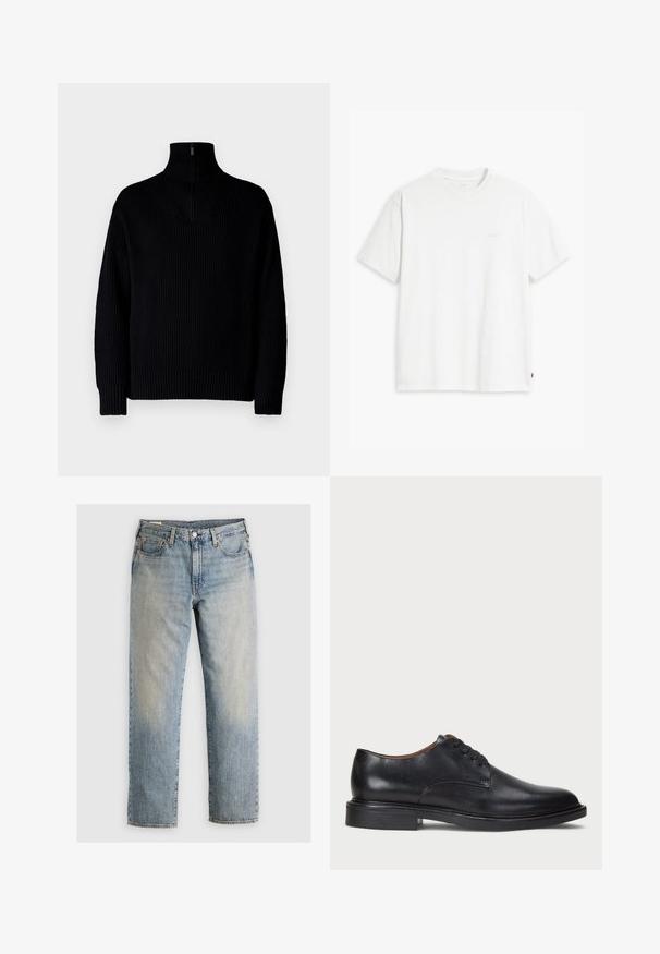 Black ribbed turtleneck sweater with a half-zip at the collar, featuring long sleeves and a relaxed fit. The texture is soft and chunky.; White cotton t-shirt with short sleeves, round neckline, and a subtle "Levi's" logo printed in light color on the front.; Light blue denim jeans with a straight leg design, five-pocket style, and visible stitching. Faded wash and brass hardware details.; Black leather dress shoe with a round toe, lace-up design, and a low stacked heel. Smooth texture with minimal stitching details.