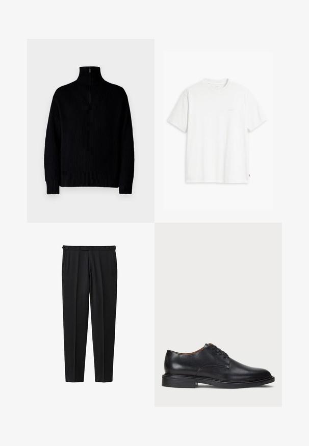 Must mustriba kaelusega must särk, millel on pooltõmblemine kaeluses, pikkade varrukatega ja lõdva istuvusega. Tekstuur on pehme ja jäme.; Valge puuvillane T-särk lühikeste varrukatega, ümmarguse kaelusega ja esiküljel heledas toonis peen "Levi's" logo.; Mustad püksid siledast kangast, sirge jalgade disainiga, kahe nupuga vööl ja kahe küljetaskuga.; Must musta kleitjalats ümarate varvastega, paeltega disain ja madal virnastatud konts. Sile tekstuur minimaalsete õmblustega.