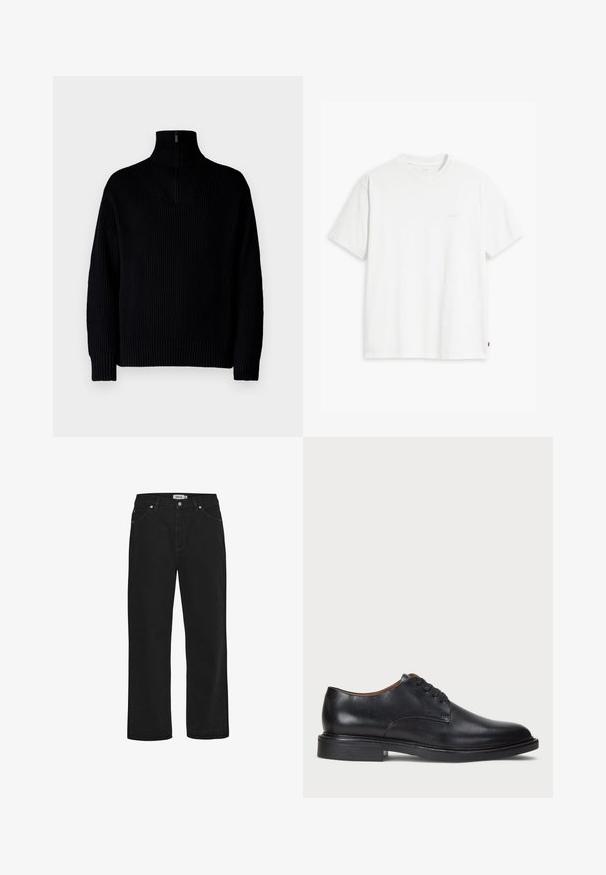 Černý žebrovaný rolák s polovičním zipem na límci, dlouhé rukávy a volný střih. Textura je měkká a hrubá.; Bílá bavlněná tričko s krátkými rukávy, klasickým výstřihem a decentním logem Levi's vytištěným uprostřed. Měkká textura a standardní střih.; Černé džíny z denimu se rovnými nohavicemi, pěti kapsami, měděnými kovovými detaily a pevným pasem. Hladká textura, jednoduchý styl.; Černé kožené společenské boty s kulatou špičkou, šněrováním a nízkým podpatkem. Hladký povrch s minimálním šitím.