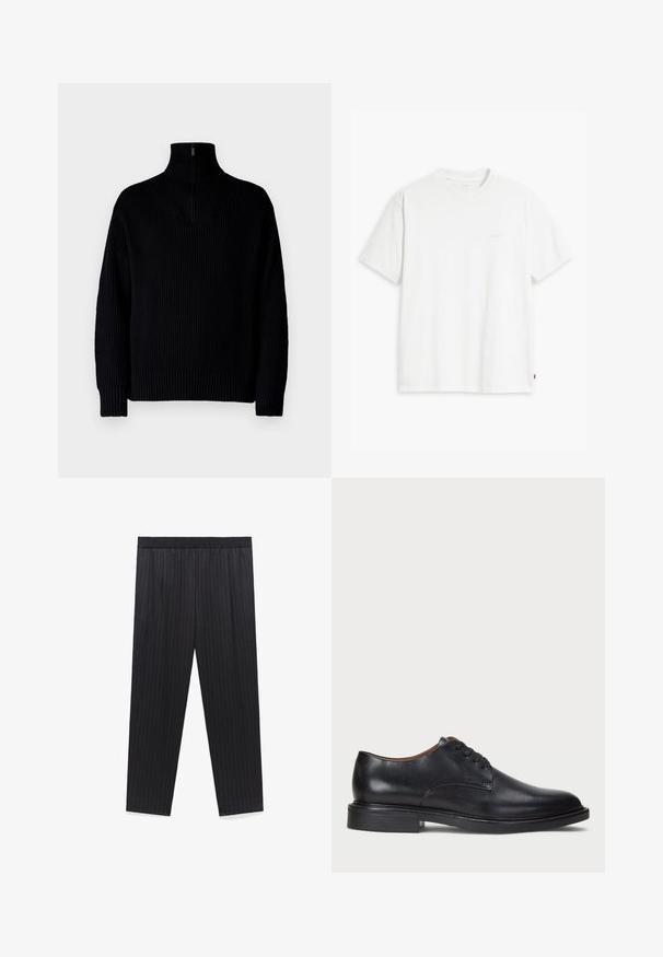 Czarny sweter z golfem o prążkowanej struktury z połową suwaka przy kołnierzu, z długimi rękawami i luźnym krojem. Tekstura jest miękka i gruba.; Biała bawełniana koszulka z krótkim rękawem, okrągłym dekoltem i dyskretnym logo Levi's nadrukowanym na środku. Miękka tekstura i standardowy krój.; Czarne spodnie w paski, z elastycznym pasem, prostym krojem nogawki i gładką teksturą. Brak dodatkowych elementów lub detali widocznych.; Czarne skórzane buty wizytowe z okrągłym noskiem, sznurowanym zapięciem i niskim, warstwowym obcasem. Gładka faktura z minimalnymi detalami stębnowania.
