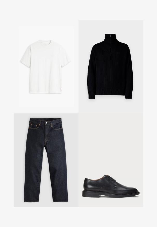 Melnā, ribiņota turtleneck džemperis ar pusi rāvējslēdzēju apkaklē, garām piedurknēm un brīvu piegriezumu. Audums ir mīksts un masīvs.; Balta kokvilnas T-krekls ar īsām piedurknēm, apaļu kakla izgriezumu un maigi redzamu Levi's logotipu centrā. Mīksta tekstūra un standarta piegriezums.; Tumši zili džinsi ar taisnu piegriezumu, piecām kabatām, kontrastējošiem apelsīnu diegiem un ar pogu aizdari. Nav redzamu rakstu vai rotājumu.; Melnas ādas kleitu kurpes ar apaļu purngalu, auklu dizainu un zemu sakrautu papēdi. Gluda virsma ar minimālām šuvju detaļām.