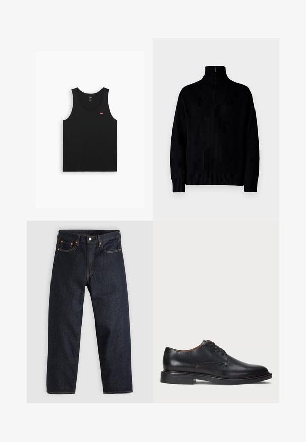 Čierny rebrovaný rolák so zipsom po polovici goliera, s dlhými rukávmi a voľným strihom. Textúra je mäkká a robustná.; Čierny bavlnený tielko s okrúhlym výstrihom a širokými ramienkami. Na ľavej strane hrude sa nachádza malé červené logo. Hladká textúra.; Tmavomodré džínsy s rovnými nohavicami, piatimi vreckami, kontrastným oranžovým prešívaním a gombíkovým zapínaním. Žiadne viditeľné vzory alebo ozdoby.; Čierne kožené spoločenské topánky s okrúhlym špičkou, šnurovacím dizajnom a nízkym zloženým podpätkom. Hladký povrch s minimálnymi švovými detailmi.