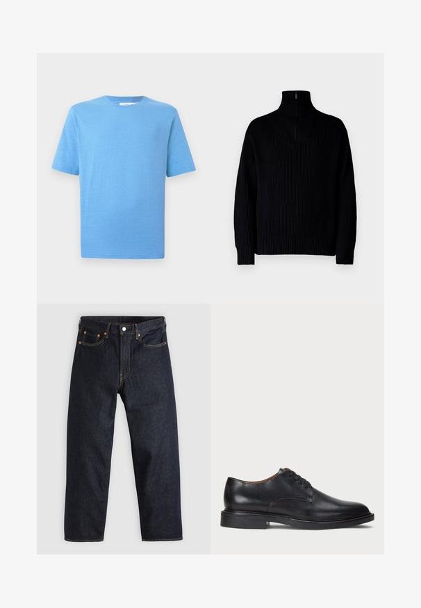 Schwarzer gerippter Rollkragenpullover mit einem Halb-Reißverschluss am Kragen, langärmlig und in lässiger Passform. Die Textur ist weich und grob.; Kurzärmeliges T-Shirt in Hellblau aus weichem Stoff. Es verfügt über einen klassischen Rundhalsausschnitt und einen gerade geschnittenen Saum mit dezenten Texturdetails.; Dunkelblaue Jeans aus Denim mit geradem Schnitt, fünf Taschen, kontrastierenden orangen Nähten und einem Knopfverschluss. Keine sichtbaren Muster oder Verzierungen.; Schwarze Lederdressschuhe mit runder Zehenform, Schnürdesign und niedrigem gestapeltem Absatz. Glatte Textur mit minimalen Nähten.