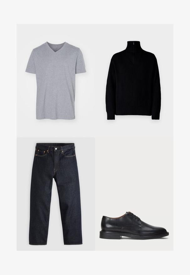 Černý žebrovaný rolák s polovičním zipem na límci, dlouhé rukávy a volný střih. Textura je měkká a hrubá.; Šedé bavlněné tričko s výstřihem do V, krátkými rukávy a volným střihem. Měkká, lehká látka bez viditelných vzorů nebo ozdob.; Tmavomodré džíny z denimu se straight střihem, pěti kapsami, kontrastním oranžovým šitím a knoflíkovým zapínáním. Žádné viditelné vzory ani ozdoby.; Černé kožené společenské boty s kulatou špičkou, šněrováním a nízkým podpatkem. Hladký povrch s minimálním šitím.