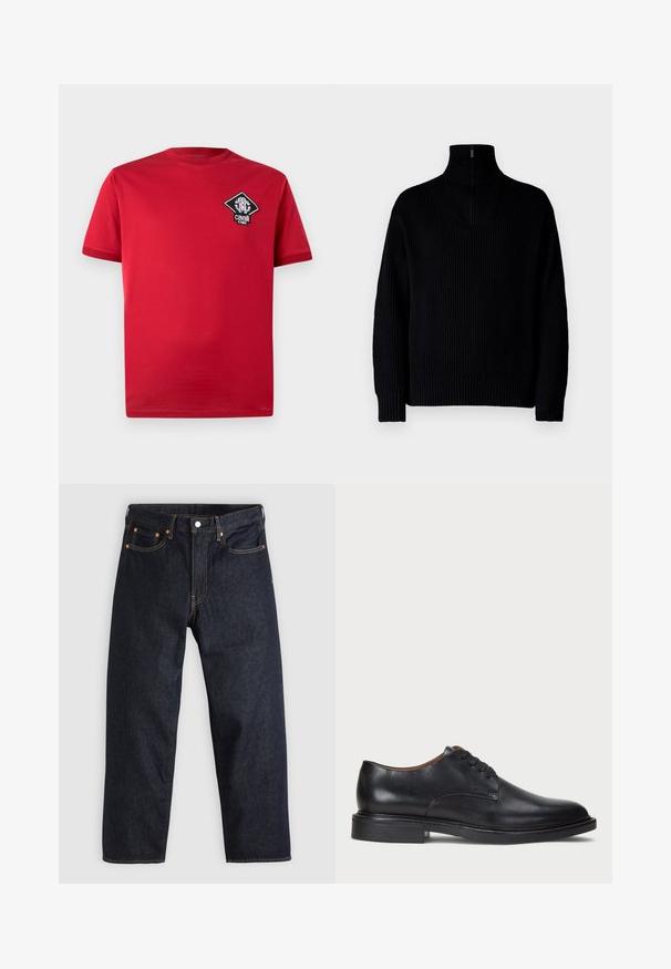 Pulover negru cu guler înalt, cu textură canelată și fermoar pe jumătate la guler, având mâneci lungi și o croială lejeră. Textura este moale și groasă.; Tricou roșu din bumbac, cu mâneci scurte, gât rotund și o emblema în formă de diamant, alb-negru, pe partea stângă a pieptului.; Jeans de denim albastru închis, cu croială dreaptă, cinci buzunare, cusături contrastante de portocaliu și fermoar cu buton. Fără modele sau embellishments vizibile.; Pantofle din piele neagră cu vârful rotund, design cu șireturi și toc jos stratificat. Textură netedă cu detalii de cusătură minime.