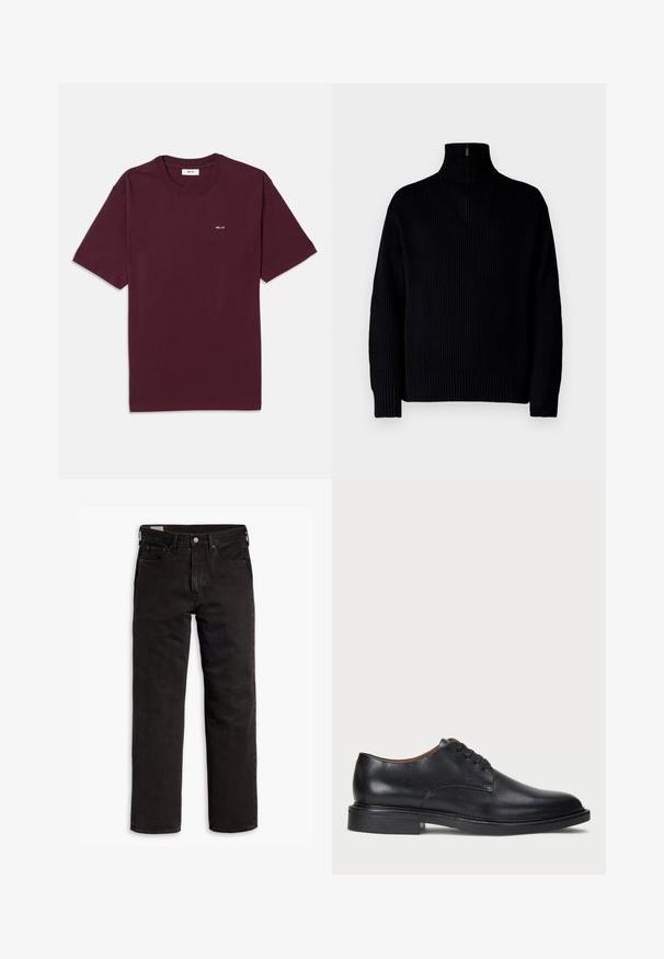 Schwarzer gerippter Rollkragenpullover mit einem Halb-Reißverschluss am Kragen, langärmlig und in lässiger Passform. Die Textur ist weich und grob.; Burgunderfarbene Baumwoll-T-Shirt mit Rundhalsausschnitt, kurzen Ärmeln und einem kleinen weißen "NN. 07" Logo auf der Brust. Glatte Textur, normale Passform.; Schwarze gerade Jeans aus Denim mit fünf Taschen, Knopfverschluss und Gürtelschlaufen, flach auf einem weißen Hintergrund ausgelegt.; Schwarze Lederdressschuhe mit runder Zehenform, Schnürdesign und niedrigem gestapeltem Absatz. Glatte Textur mit minimalen Nähten.