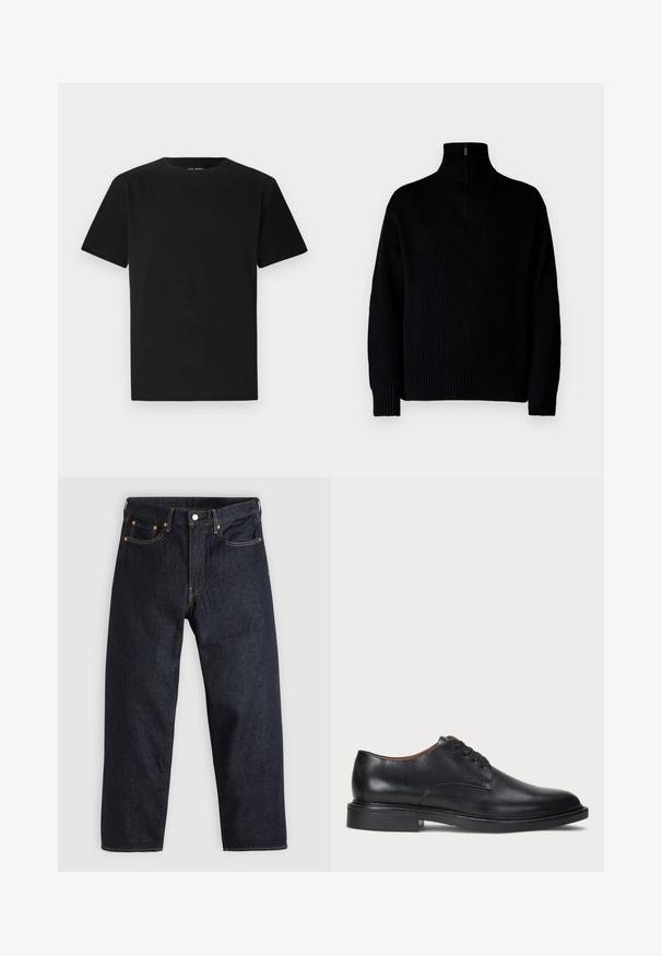 Pulôver preto de gola alta com canelado e fecho de meio zíper na gola, apresentando mangas longas e um corte descontraído. A textura é macia e espessa.; T-shirt preta de manga curta feita de algodão macio, com gola redonda e design de corte reto, sem padrões ou detalhes visíveis.; Jeans de denim azul-escuro com corte reto, cinco bolsos, costura laranja em contraste e fecho de botão. Sem padrões ou adornos visíveis.; Sapato de vestido em couro preto com bico redondo, design com atacadores e um salto baixo empilhado. Textura suave com detalhes de costura mínimos.