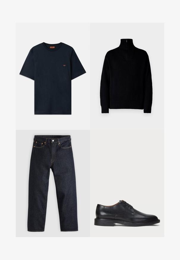 Svart ribbestrikket høyhalset genser med halv glidelås i kragen, med lange ermer og en avslappet passform. Teksturen er myk og tykk.; Mørkeblå bomulls t-skjorte med rund hals og korte ermer. Har en liten rød og hvit sikksakk-logo på brystet.; Mørkeblå denimjeans med rett snitt, fem lommer, kontrasterende oransjefarget søm, og glidelås med knapp. Ingen synlige mønster eller dekorasjoner.; Sorte skinnsko med rund tå, snøring og lav, stablet hæl. Glatt tekstur med minimale sømdetaljer.