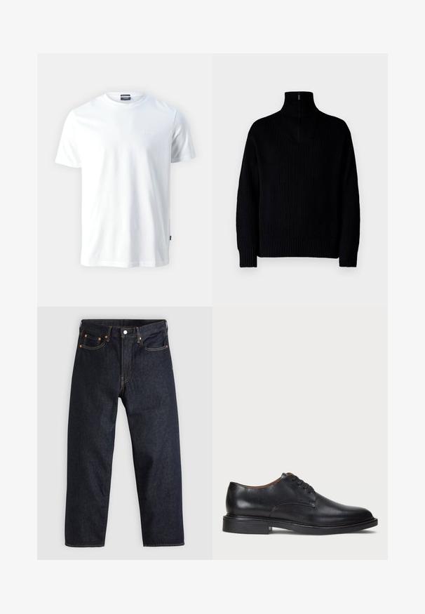 Black ribbed turtleneck sweater with a half-zip at the collar, featuring long sleeves and a relaxed fit. The texture is soft and chunky.; White cotton crewneck T-shirt with short sleeves, featuring a subtle embossed "Joop!" logo on the chest and a straight hem.; Dark blue denim jeans with a straight cut, five pockets, contrasting orange stitching, and a button fly. No visible patterns or embellishments.; Black leather dress shoe with a round toe, lace-up design, and a low stacked heel. Smooth texture with minimal stitching details.