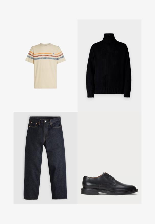 Suéter negro de cuello alto de canalé con media cremallera en el cuello, presenta mangas largas y un ajuste relajado. La textura es suave y gruesa.; Camiseta de algodón crema con rayas horizontales en naranja, rojo y azul. Mangas cortas, cuello redondo y pequeño detalle de logo en el pecho.; Jeans de denim azul oscuro con corte recto, cinco bolsillos, costuras en naranja contrastante y cierre de botón. Sin patrones ni adornos visibles.; Zapato de vestir de cuero negro con punta redonda, diseño con cordones y un tacón bajo apilado. Textura lisa con detalles de costura mínimos.