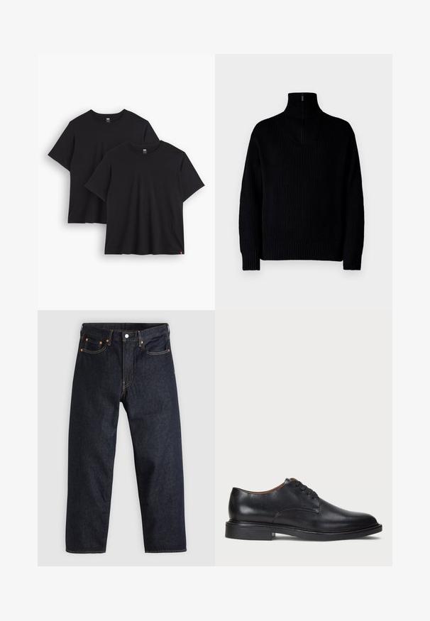 Črna rebrasta pulover z visoko ovratnikom in zadrgo do polovice ovratnika, dolgimi rokavi in sproščenim krojem. Tekstura je mehka in debela.; Dve črne bombažne majice s kratkimi rokavi, okroglimi izrezom in sproščenim krojem. Vsaka ima majhno tkano oznako na robu.; Temno modri kavbojki s ravnim krojem, petimi žepi, kontrastnim oranžnim šivom in gumbom za zapiranje. Brez vidnih vzorcev ali okraskov.; Črne usnjene oblečne čevlje s krožno konico, zavezovanje z vezalkami in nizko plastiko. Gladka tekstura z minimalnimi šivi.