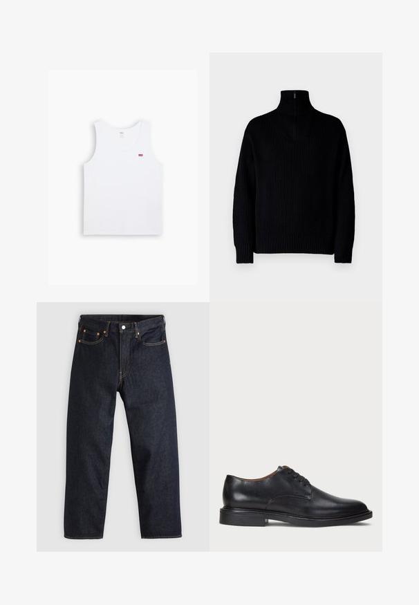 Crni rebrasti pulover s visokim vratom i polu-zatvaračem na ovratniku, ima duge rukave i opušteni kroj. Tekstura je mekana i gusta.; Bijela pamučna majica bez rukava s okruglim izrezom i širokim otvorima za ruke. Ima mali crveni Levi's logo na lijevoj strani prsnog koša. Mekana tekstura.; Tamno plave traperice ravnog kroja, s pet džepova, kontrastnim narančastim šavovima i dugmetom za zatvaranje. Nema vidljivih uzoraka ili ukrasa.; Crne kožne cipele s okruglim vrhom, vezanjem i niskim stogom. Glatka tekstura s minimalnim šavovima.