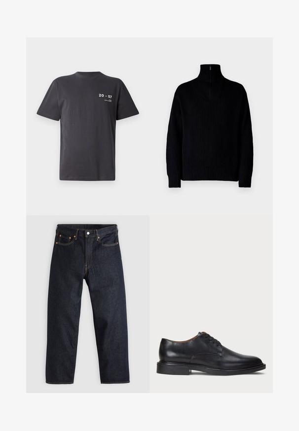 Suéter negro de cuello alto de canalé con media cremallera en el cuello, presenta mangas largas y un ajuste relajado. La textura es suave y gruesa.; Camiseta de algodón gris oscuro, de manga corta, cuello redondo, con texto en blanco: "20 - 07" y "MIAMI DÍAS Y NOCHES" en la parte frontal.; Jeans de denim azul oscuro con corte recto, cinco bolsillos, costuras en naranja contrastante y cierre de botón. Sin patrones ni adornos visibles.; Zapato de vestir de cuero negro con punta redonda, diseño con cordones y un tacón bajo apilado. Textura lisa con detalles de costura mínimos.