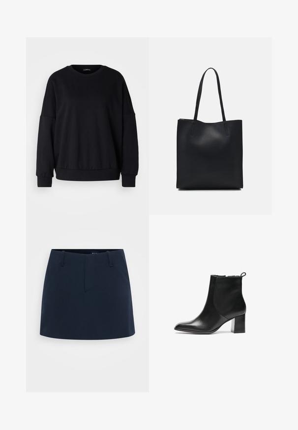 Melna džemperis ar apaļu kaklu, brīvu piegriezumu, pazeminātām plecu līnijām, ribota aproce un strukturēta auduma. Minimālistisks dizains bez rakstiem.; Tumši zils svārki ar pieguļošu dizainu, ar plakanu priekšpusi, jostu cilpām un bez redzamām kabatām. Izgatavoti no teksturēta auduma.; Melnas ādas potītes zābaks ar noapaļotu purngalu, vidēja augstuma bloku papēdi un aizdari aizmugurē. Gluda tekstūra, minimāls dizains.; Melnas ādas somiņa ar gludu tekstūru, taisnstūra formu un divām garām rokturiem. Nav redzamu aparatūras vai rotājumu.