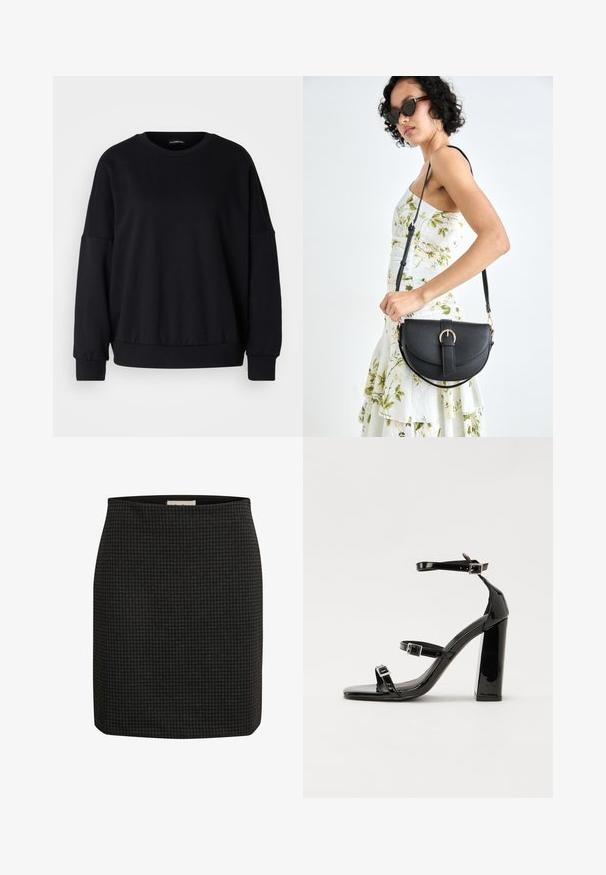 Musta collegepaita, jonka kaula-aukko on pyöreä, rento malli, pudotetut hartiat, ribbireunat ja teksturoitu kangas. Minimalistinen muotoilu ilman kuvioita.; Hame maukkaat musta-houndstooth kuosisella kangastalla, jossa on istuva muotoilu, suora siluetti ja sileä pinta. Mukana vyötärö, joka lisää mukavuutta.; Musta kiiltävä korkokenkä sandaalit neliönmuotoisella varpaalla, nilkkaremmillä ja hopeisilla soljilla. Varustettu tukevalla lohkokorkealla vakauden takaamiseksi.; Musta nahkainen käsilaukku, joka on kaareva muotoilultaan, irrotettavalla hihnalla ja kultaisilla yksityiskohdilla. Laukussa on läppä, jossa on solk yksityiskohta.