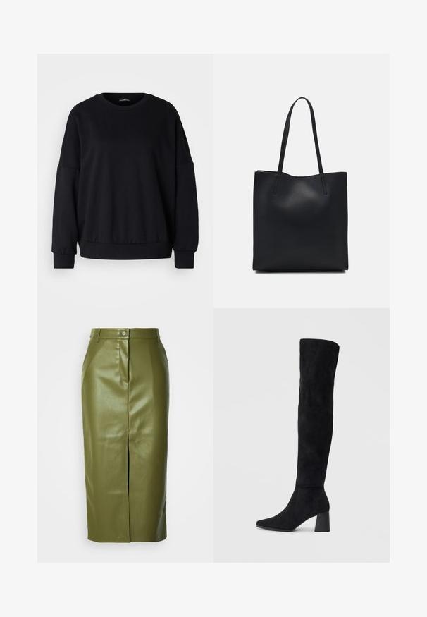 Sweatshirt preto com decote redondo, ajuste descontraído, ombros caídos, punhos canelados e um tecido texturizado. Design minimalista sem padrões.; Saia midi em pele sintética verde-oliva com uma abertura frontal, apresentando um fecho com botão e um brilho subtil, desenhada com uma silhueta ajustada.; Bota de camurça preta até ao joelho com salto bloco, bico fino e design suave e sem costuras sobre um fundo claro.; Bolsa tote preta em couro com textura lisa, forma retangular e duas alças longas. Sem hardware ou enfeites visíveis.