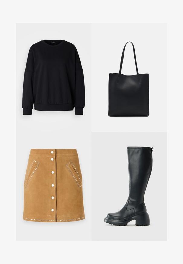 Must mustega krae-särgi lõige, mugav istuvus, langetatud õlad, soonikkoes mansetid ja tekstuuriga kangas. Minimalistlik disain, ilma mustriteta.; Pruun nubuk-seelik, millel on ees kinnitatud nööp, kaks külge taskut ja hõbedased nupud taskute ja äärmike ääres. Sile tekstuur.; Kõrge must nahksaapad, millel on massiivne platvormi tald ja blokk-kand, varustatud tõmbenööriga ja tekstuuriga väljatõmbejääk.; Mustast nahast kott sujuva tekstuuriga, ristkülikukujuline ja kahe pika sangaga. Pole nähtavat riistvara ega kaunistusi.